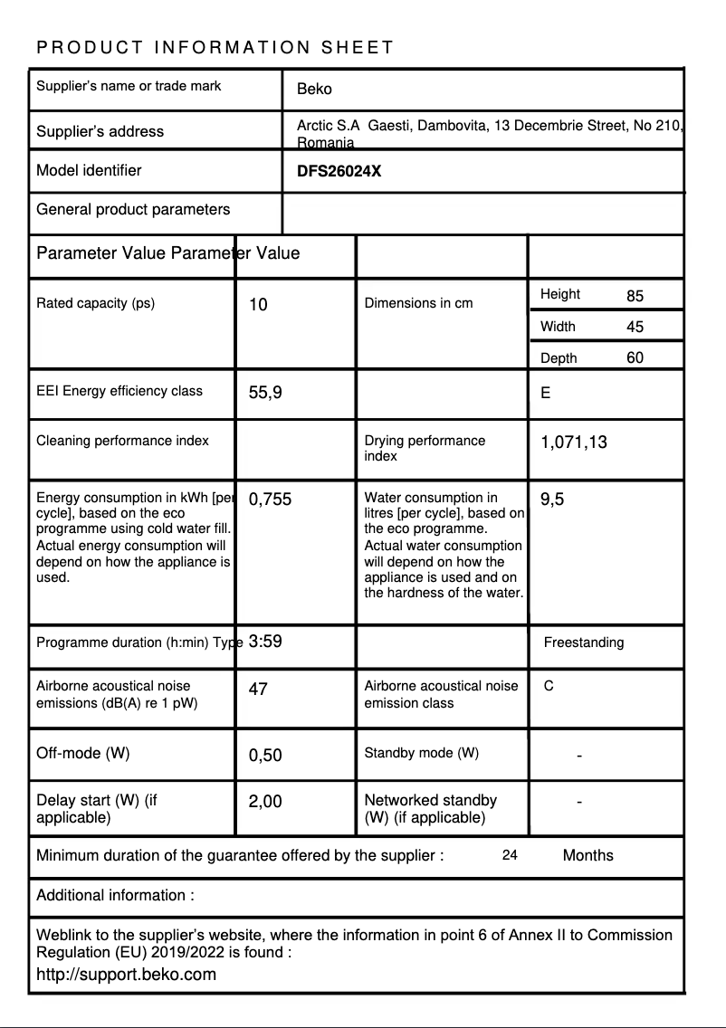 Page 1 de la notice Fiche technique Beko DFS26024X
