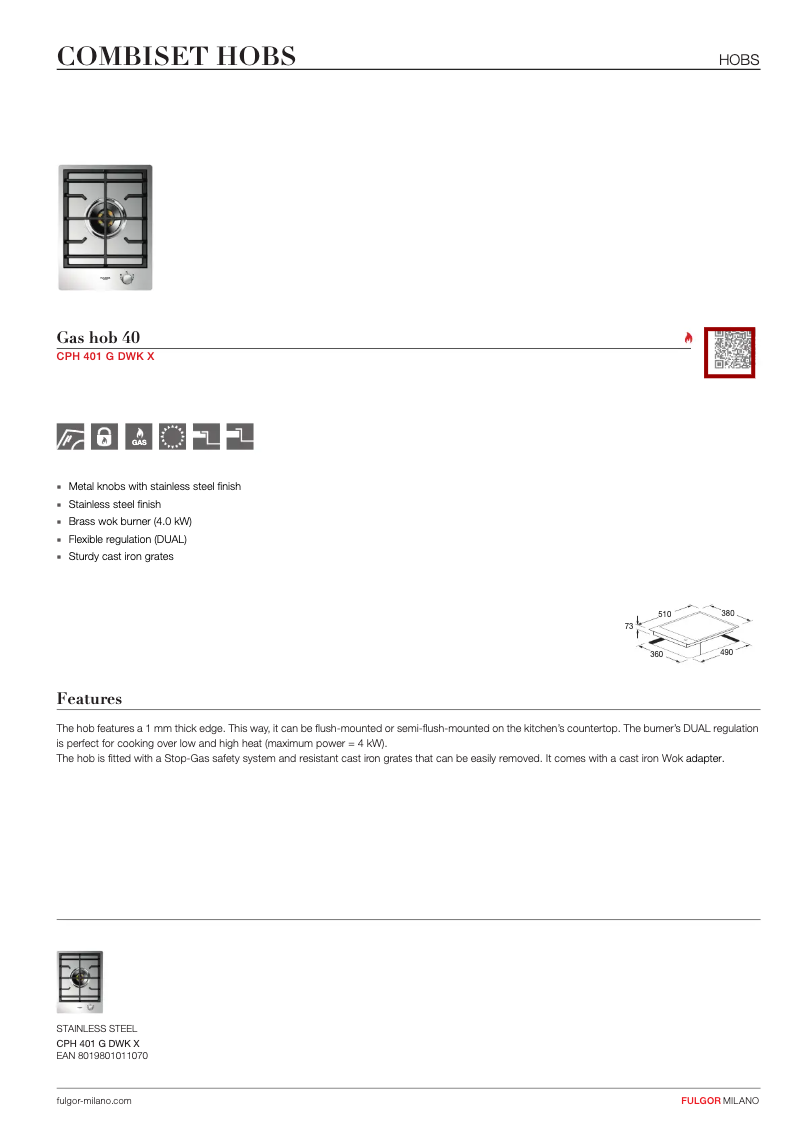 Page 1 de la notice Fiche technique Fulgor Milano CPH 401 G DWK X