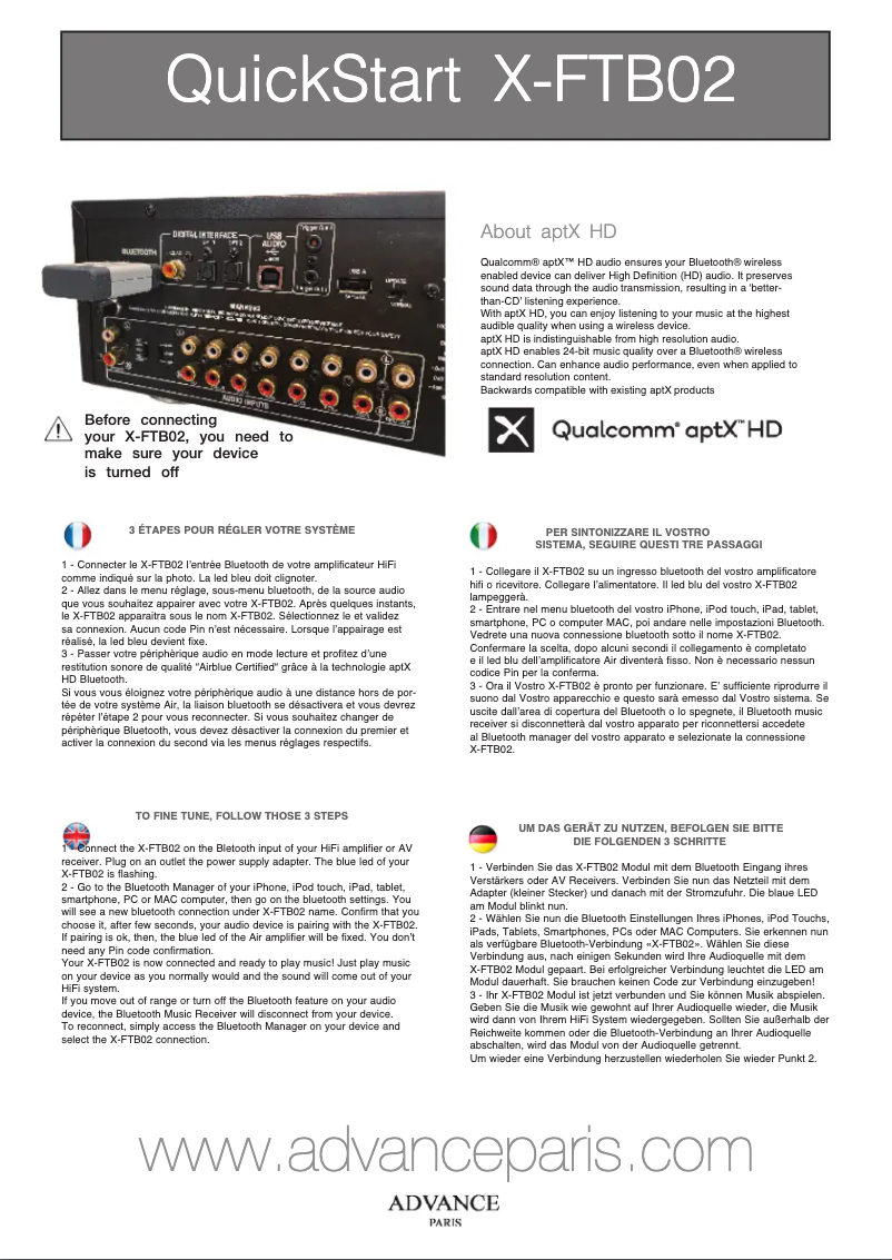 Page 1 de la notice Manuel utilisateur Advance X-FTB02