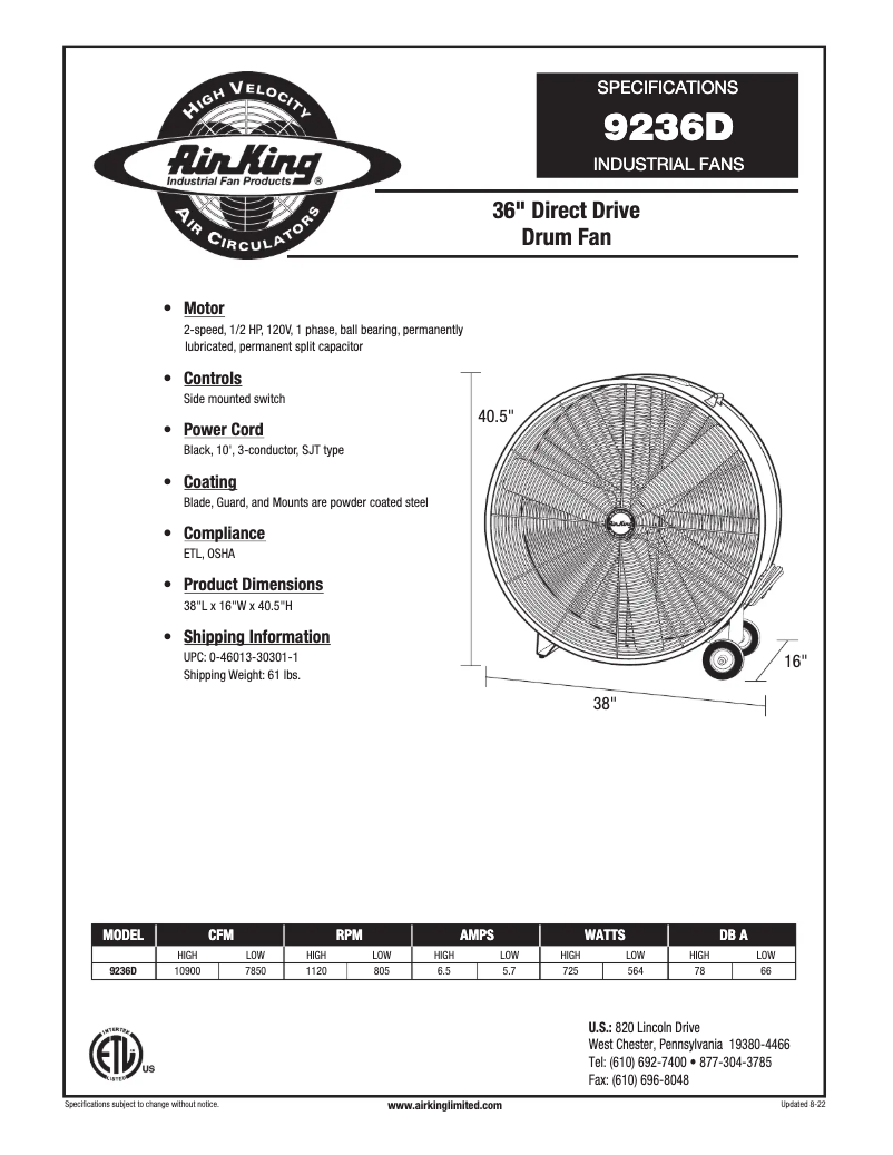 Página 1 del manual Ficha técnica Air King 9236D