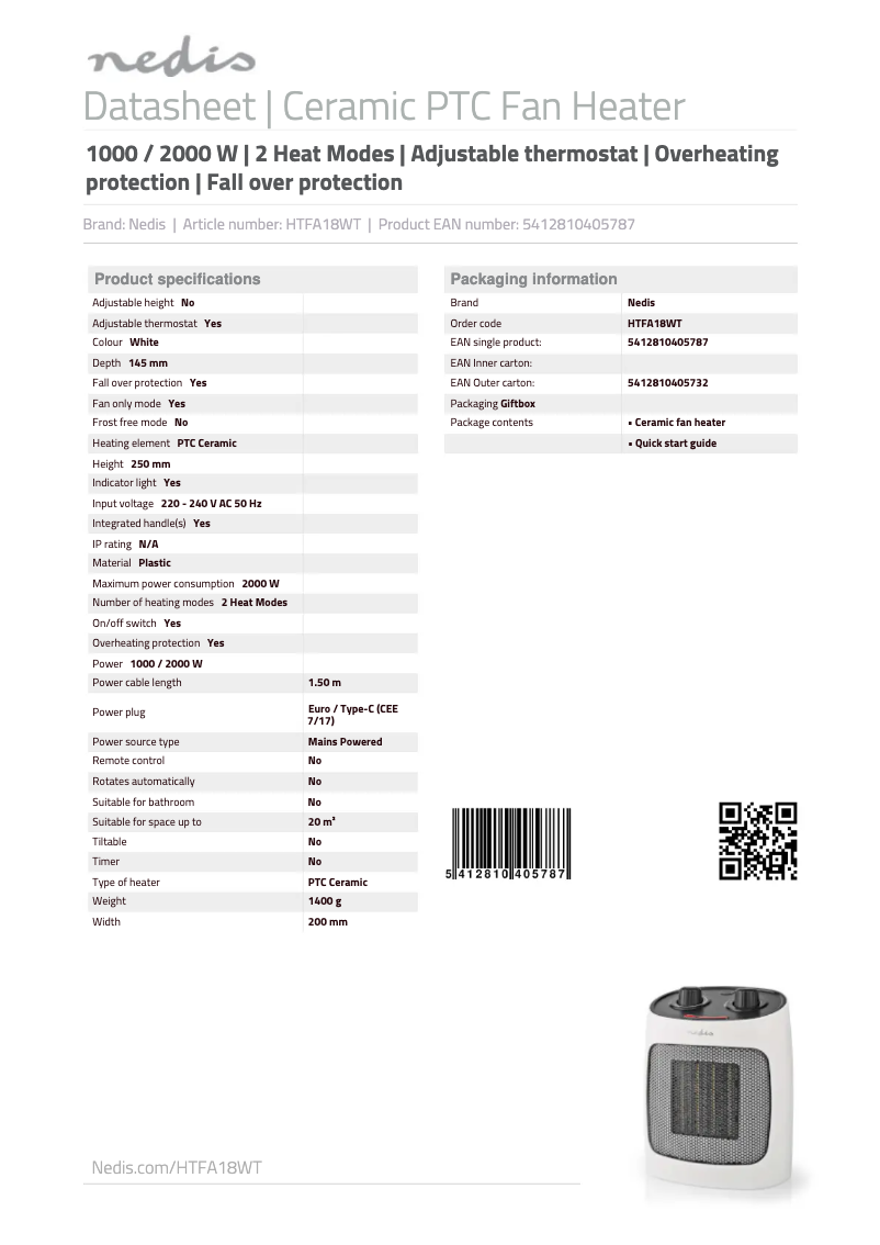 Page 1 de la notice Manuel utilisateur Nedis HTFA18WT
