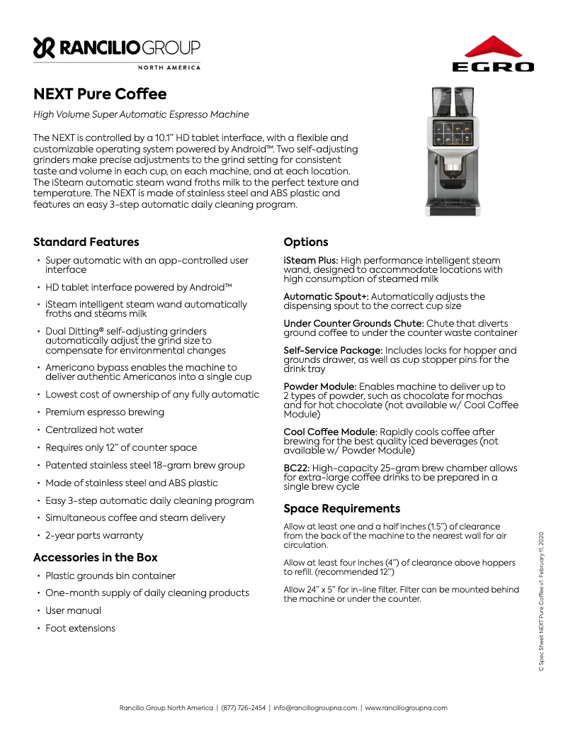 Page n°1 - Fiche technique Egro Next Pure Coffee