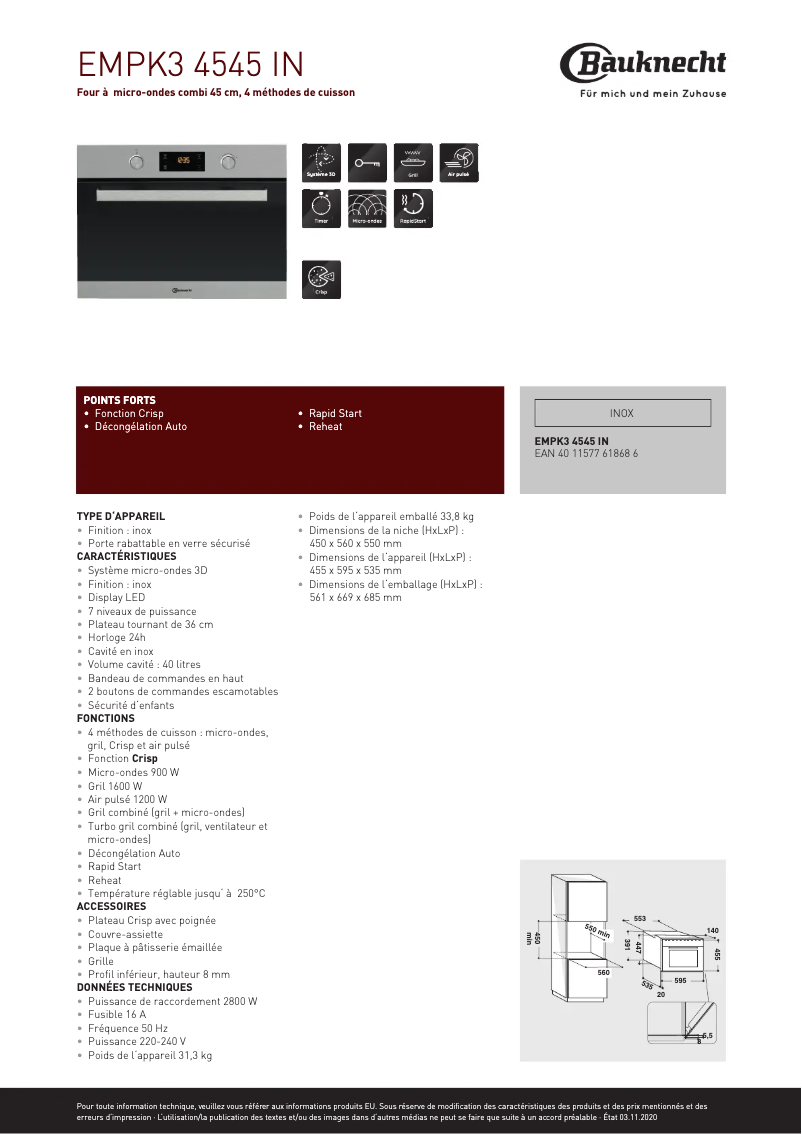 Page 1 de la notice Fiche technique Bauknecht EMPK3 4545 IN