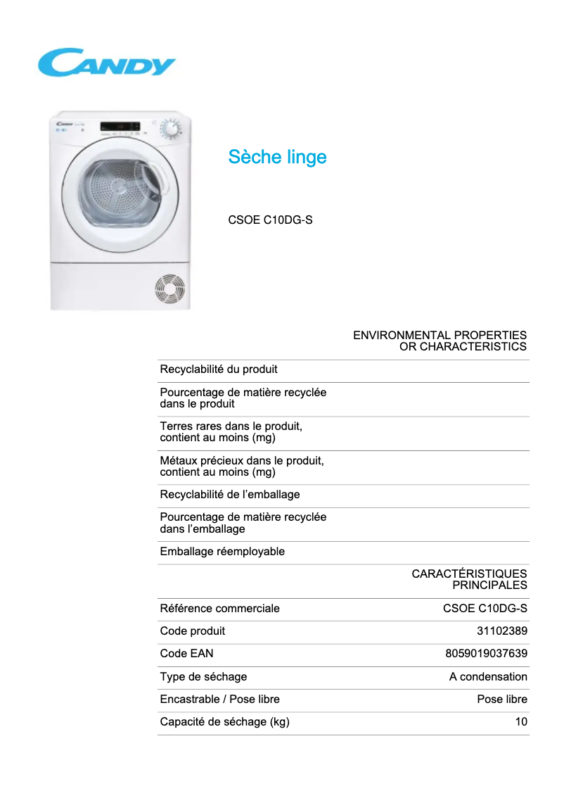 Page 1 de la notice Fiche technique Candy CSOE C10DG-S