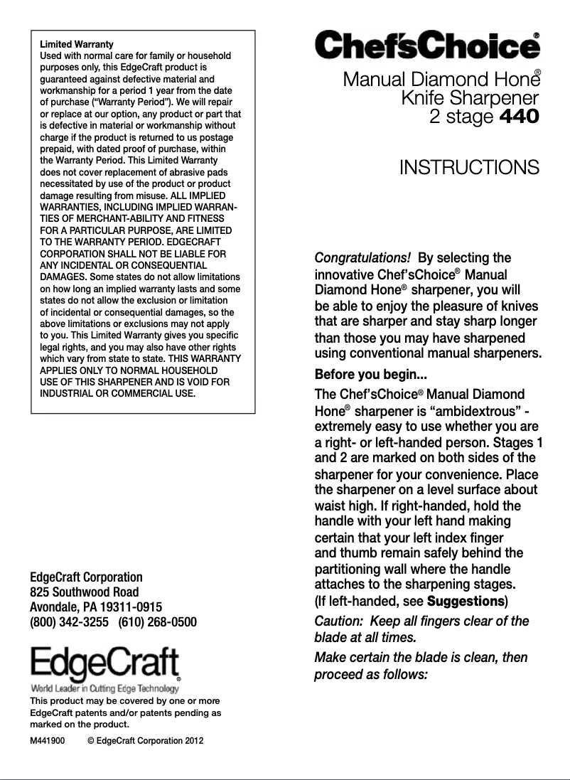 Page 1 de la notice Manuel utilisateur Chef's Choice Manual 440