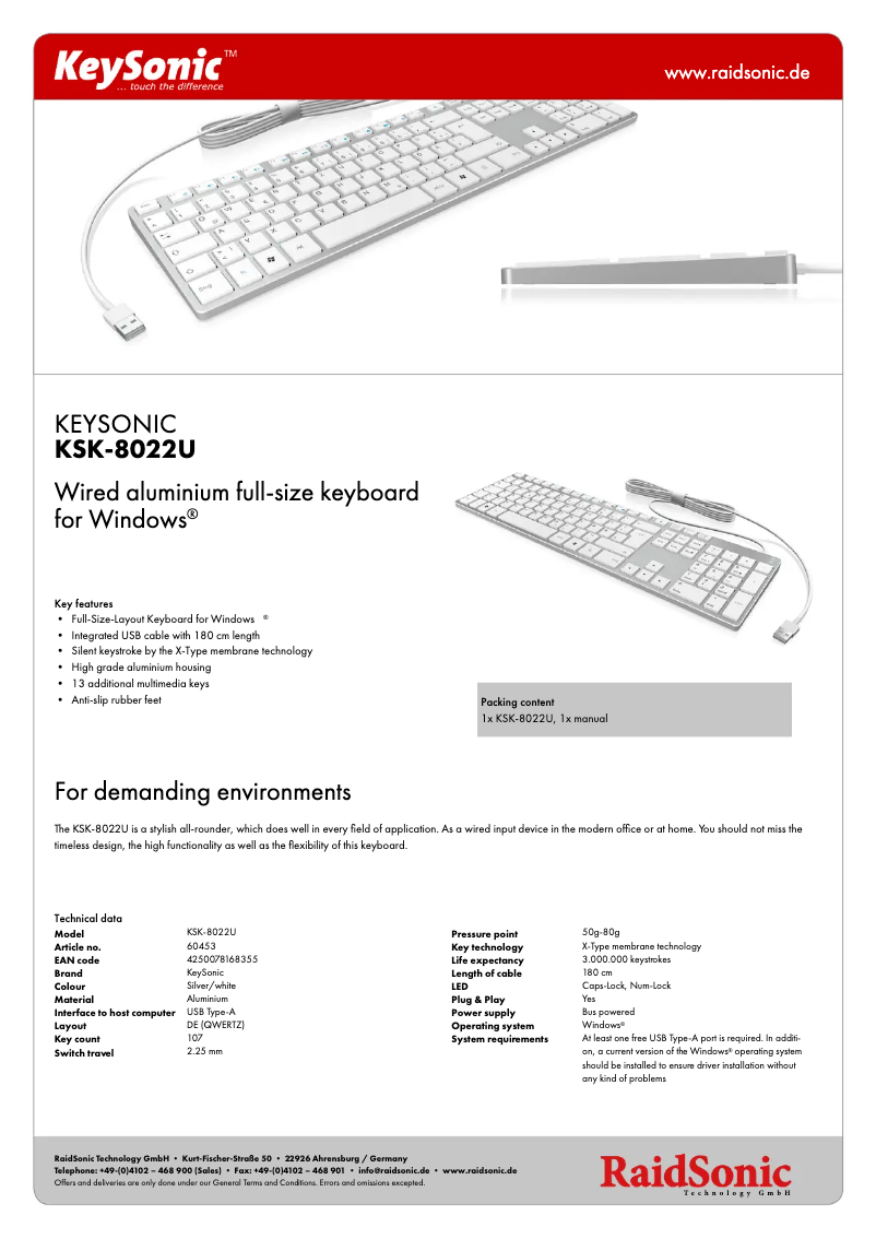 Page n°1 - Fiche technique KeySonic KSK-8022U