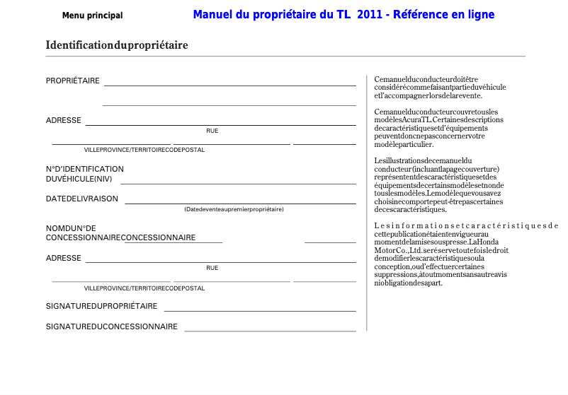 Page 1 de la notice Manuel utilisateur Acura TL (2011)