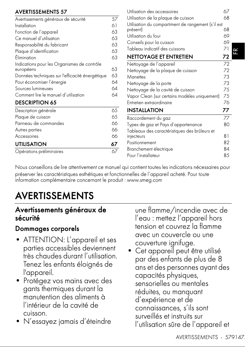 Page 1 de la notice Fiche technique Smeg CX90GM