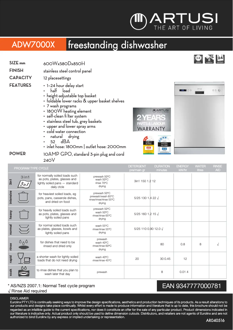 Page 1 de la notice Fiche technique Artusi ADW7000X