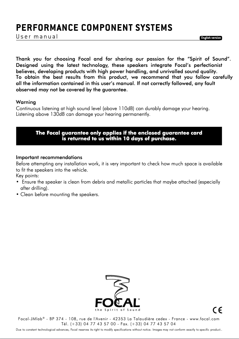 Page 1 de la notice Manuel utilisateur Focal Performance Flax Evo PS 165 FSE