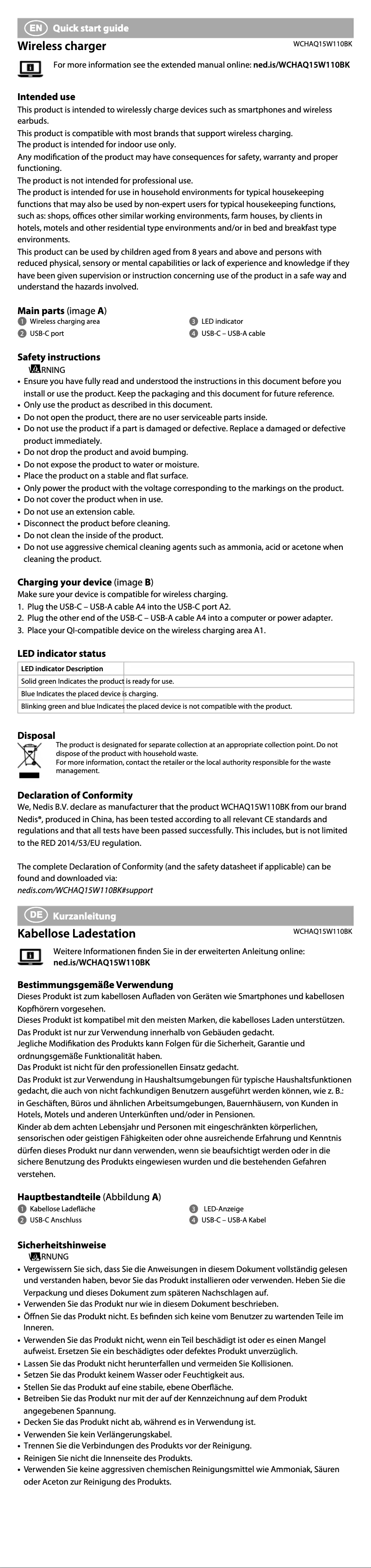Page 1 de la notice Manuel utilisateur Nedis WCHAQ15W110BK