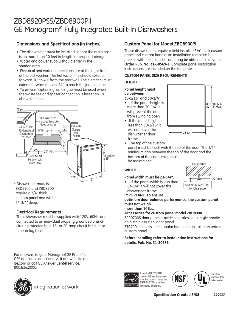 Page 1 de la notice Fiche technique GE ZBD8920PSS