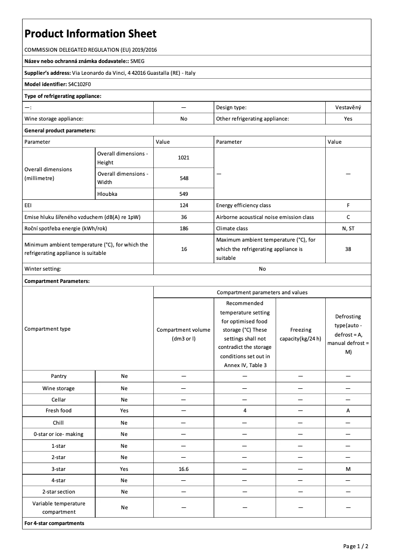 Page 1 de la notice Fiche technique Smeg S4C102F0