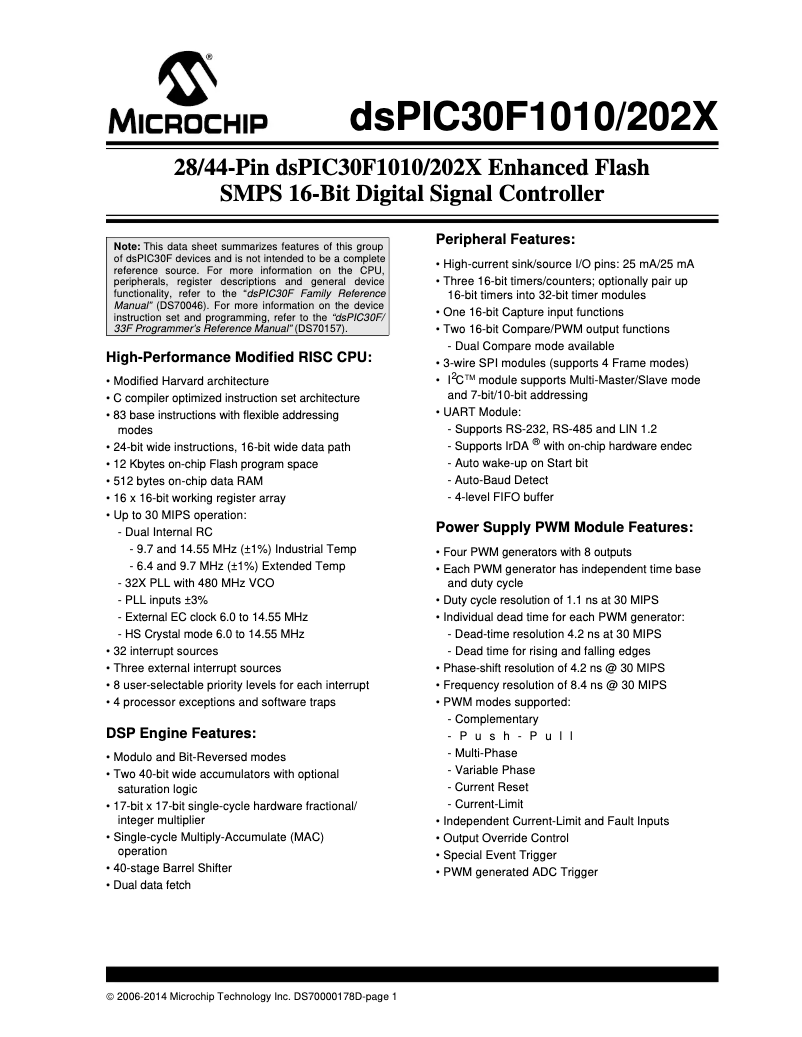 Page 1 de la notice Fiche technique Microchip dsPIC30F1010