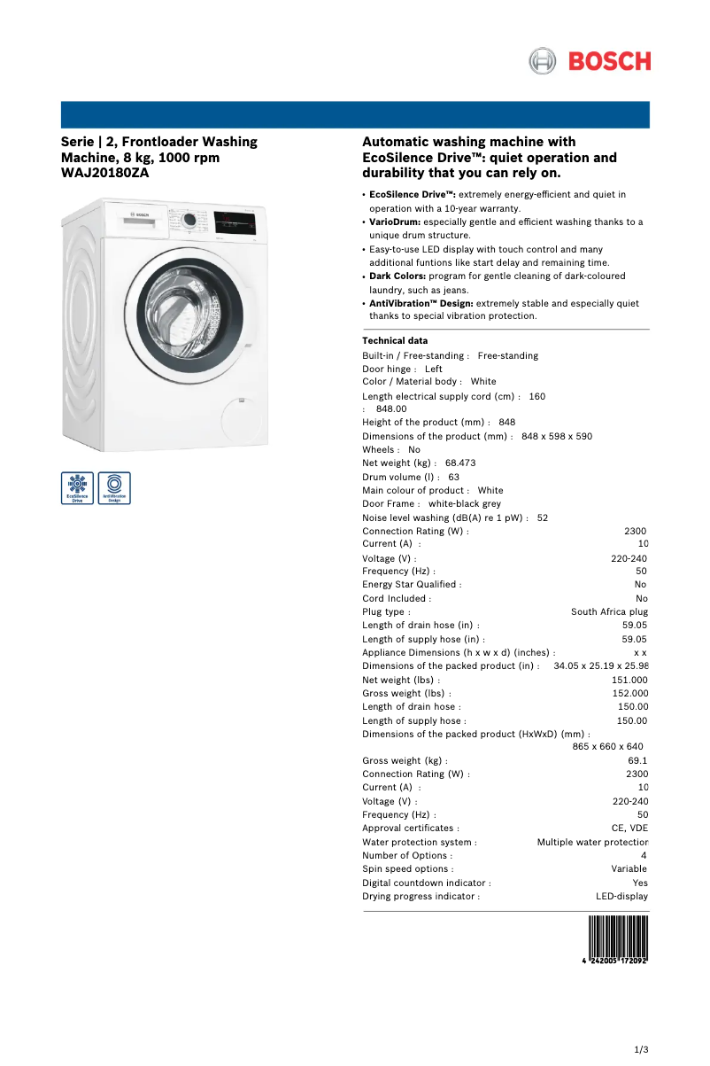 Página 1 del manual Ficha técnica Bosch WAJ20180ZA