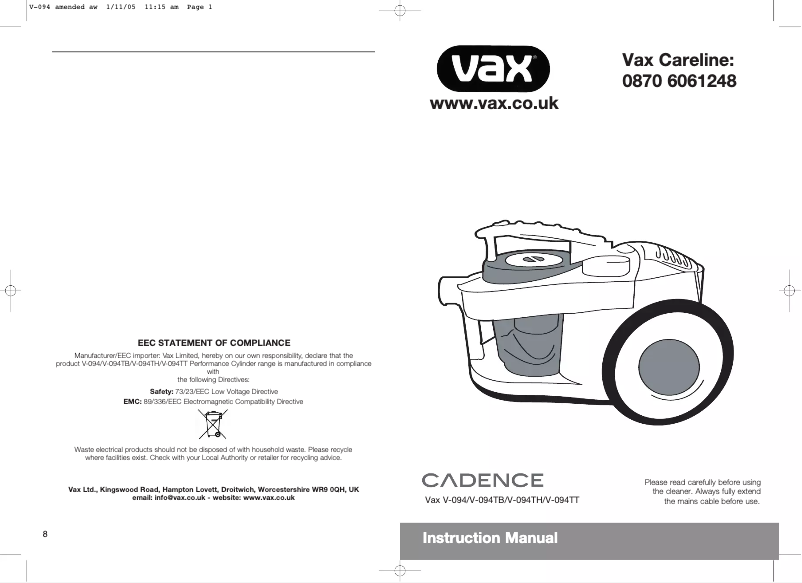 Page n°1 - Manuel utilisateur Vax Cadence V-094