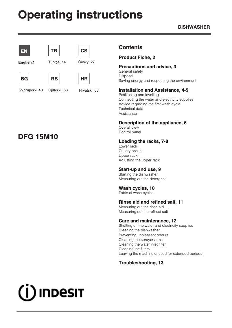 Page n°1 - Manuel utilisateur Indesit DFG 15M10 EU