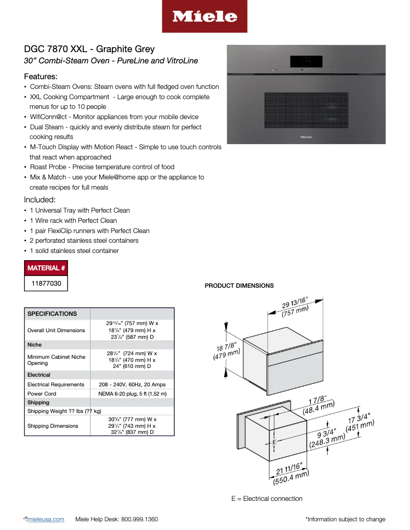 Page 1 de la notice Fiche technique Miele DGC 7870X GRGR XXL