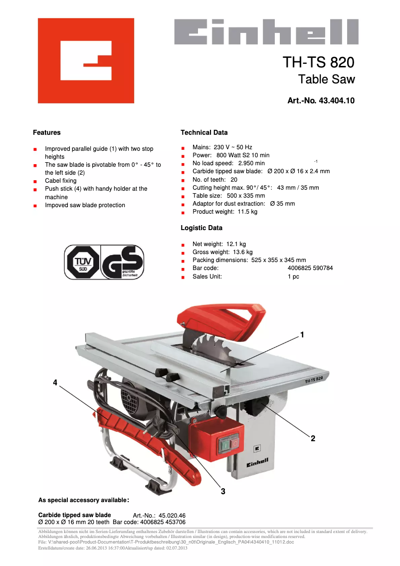 Página 1 del manual Ficha técnica Einhell TC-TS 820