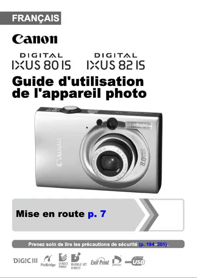 Page 1 de la notice Manuel utilisateur Canon Digital IXUS 80 IS