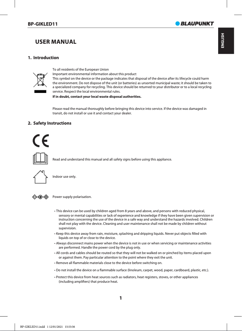 Page 1 de la notice Manuel utilisateur Blaupunkt BP-GIKLED11