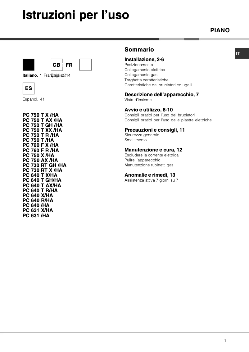 Page 1 de la notice Manuel utilisateur Hotpoint Ariston PC 730 RT X /HA