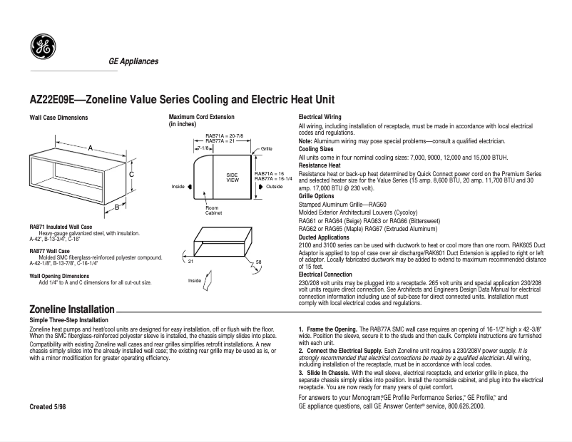 Page n°1 - Fiche technique GE AZ22E09E2B