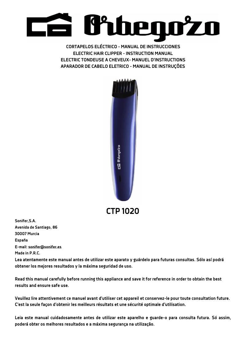 Page 1 de la notice Manuel utilisateur Orbegozo CTP 1020