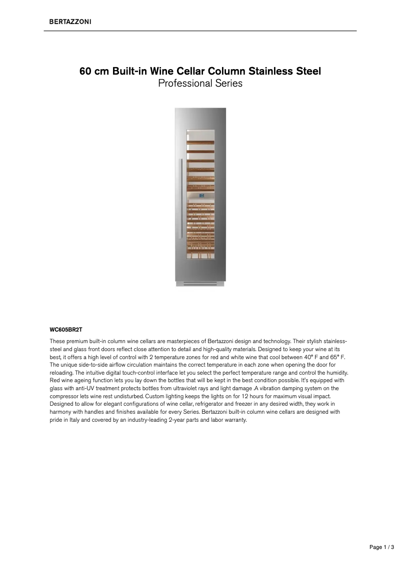 Page 1 de la notice Manuel utilisateur Bertazzoni WC605BR2T