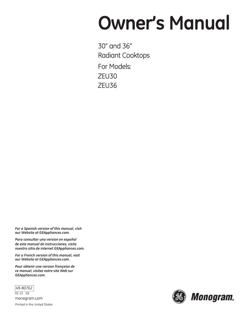 Image de la première page du manuel de l'appareil ZEU36RSJSS
