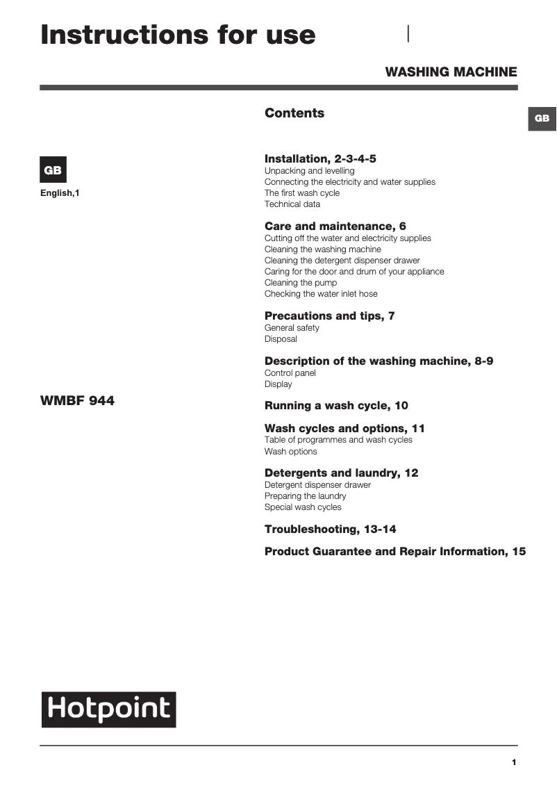 Page 1 de la notice Manuel utilisateur Hotpoint WMBF 944G UK