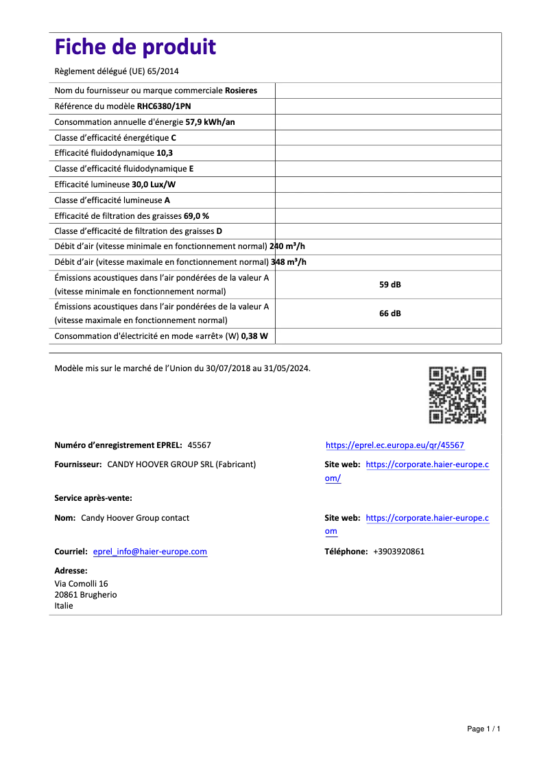 Page n°1 - Fiche technique Rosieres RHC 6380/1 PN