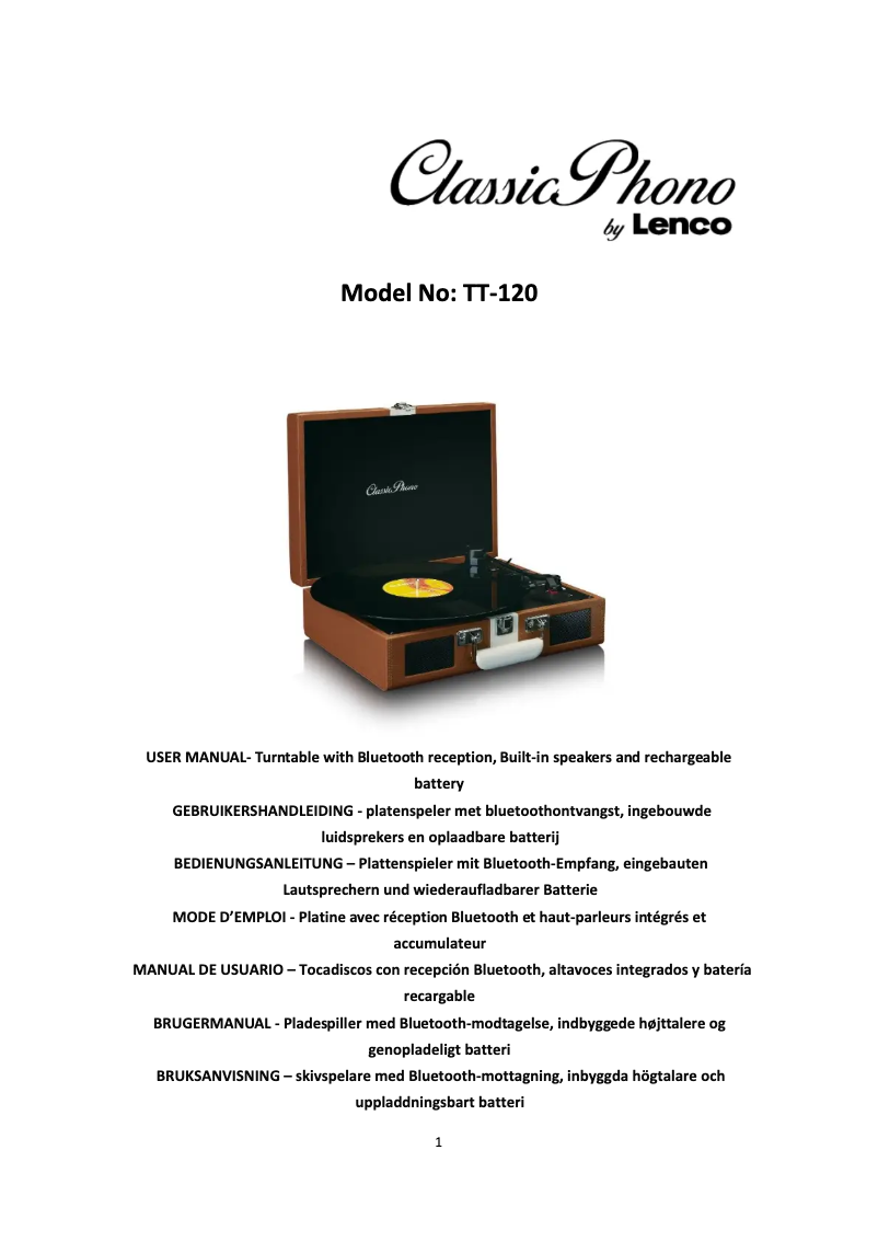 Page n°1 - Manuel utilisateur Lenco Classic Phono TT-120