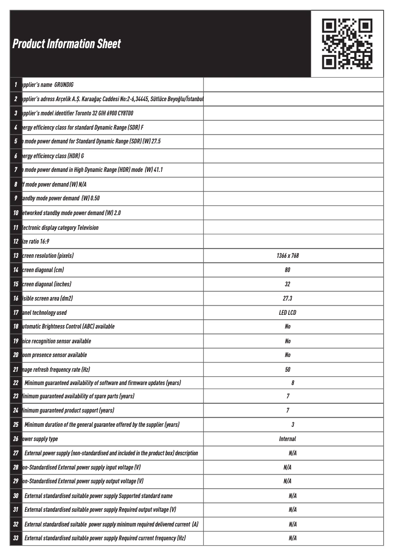 Page n°1 - Fiche technique Grundig Toronto 32 GIH 6900