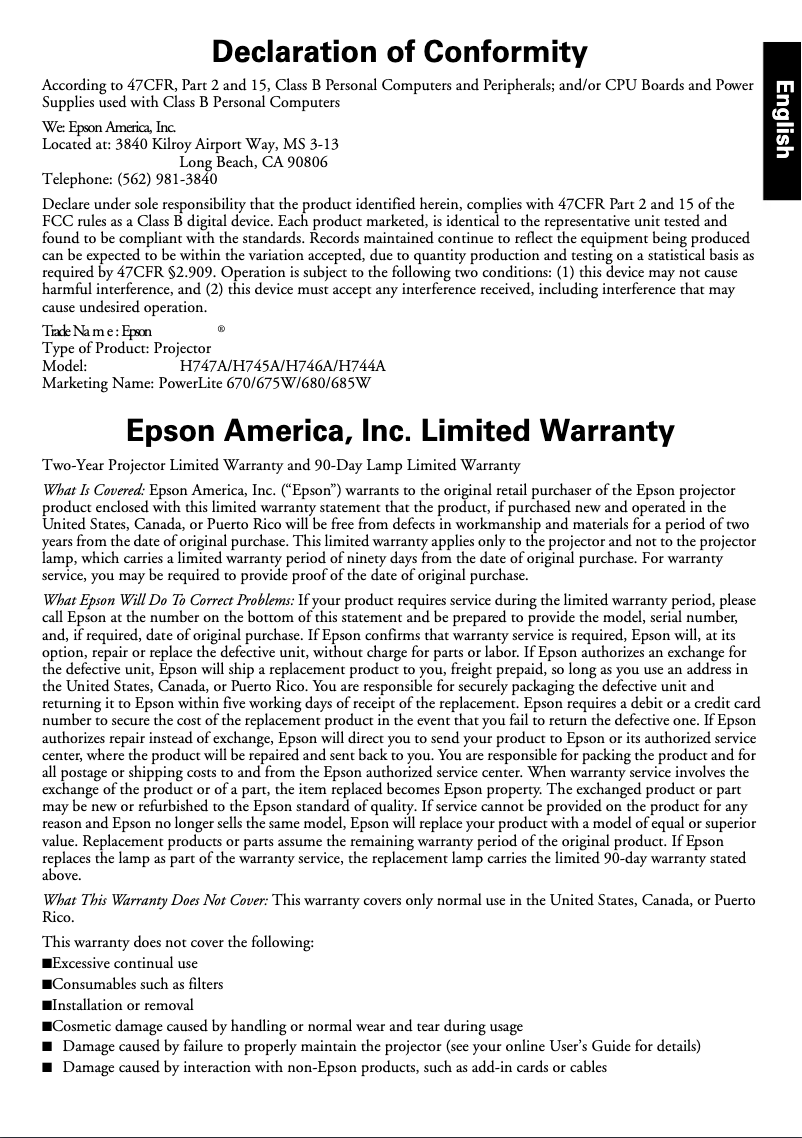 Page 1 de la notice Informations de garantie Epson PowerLite 685W