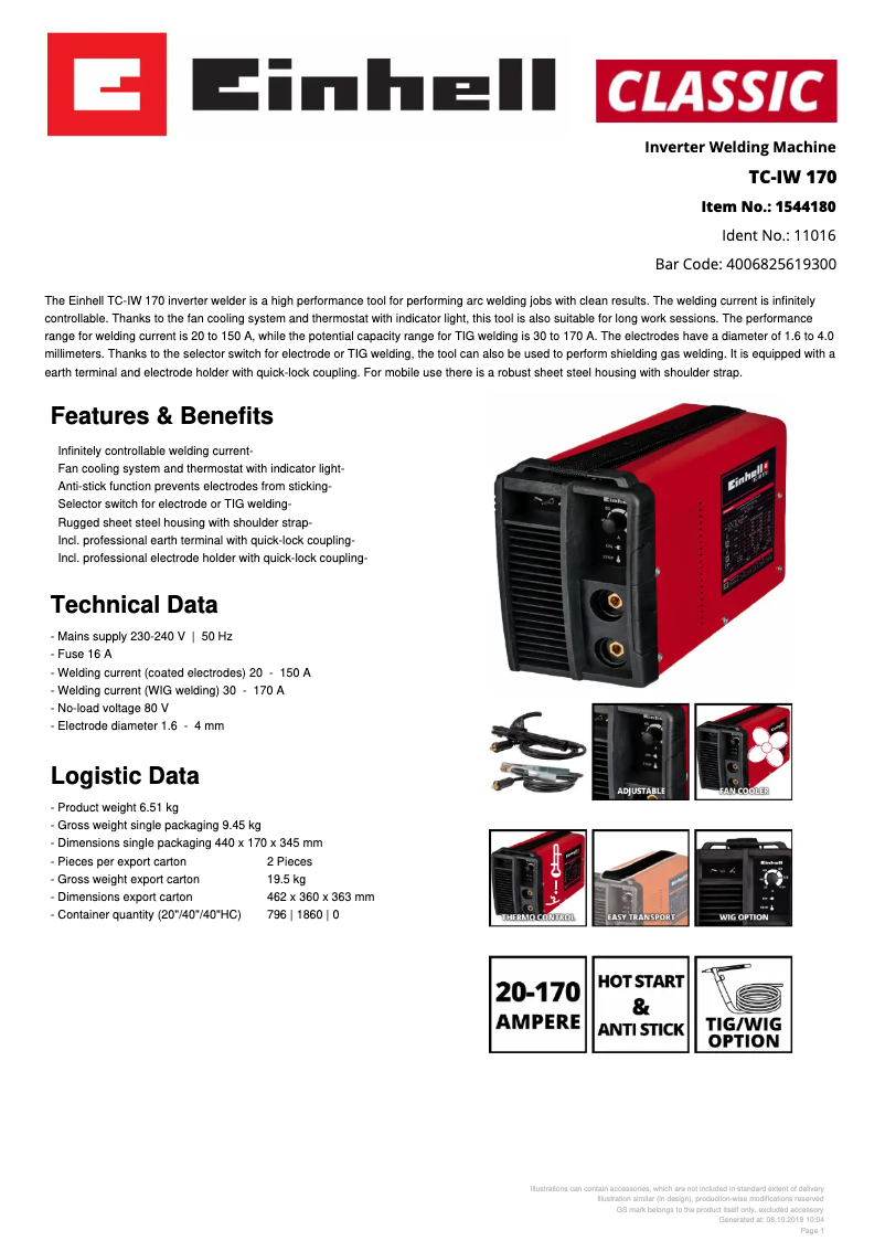 Page 1 de la notice Fiche technique Einhell TC-IW 170