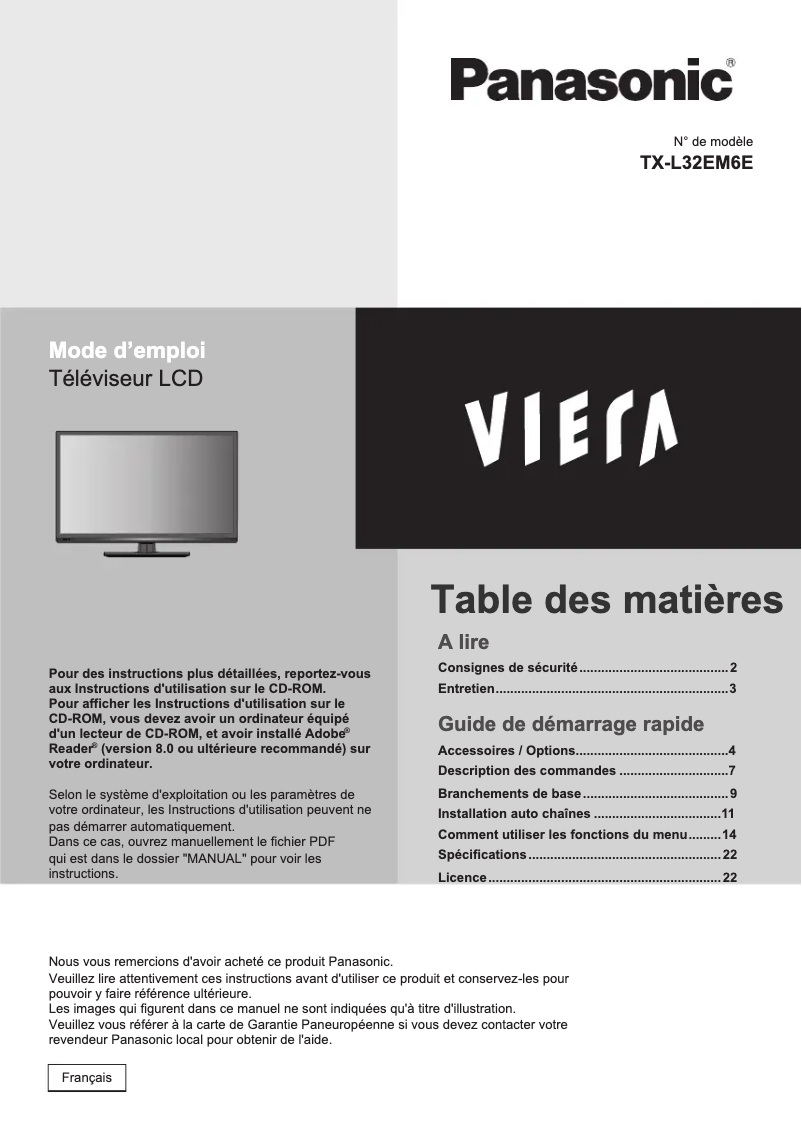Page 1 de la notice Guide de démarrage rapide Panasonic TX-L32EM6