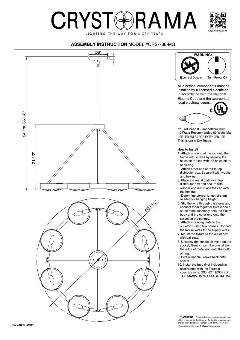 Page 1 de la notice Manuel utilisateur Crystorama Orson ORS-738-MG