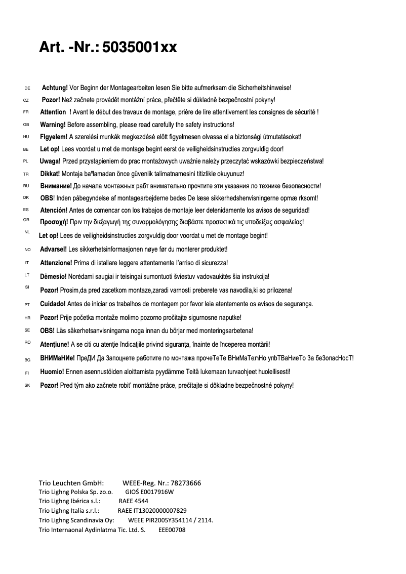 Page 1 de la notice Manuel utilisateur Trio Lighting Linda 503500104