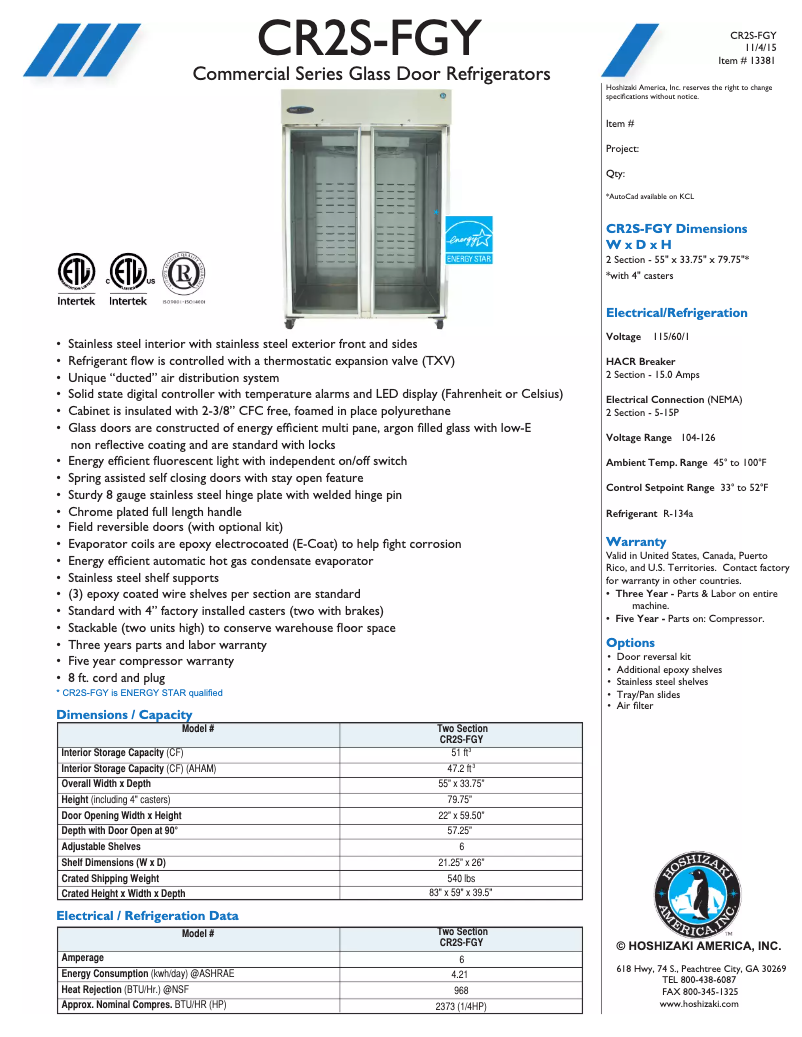 Page n°1 - Fiche technique Hoshizaki Commercial CR2S-FGY