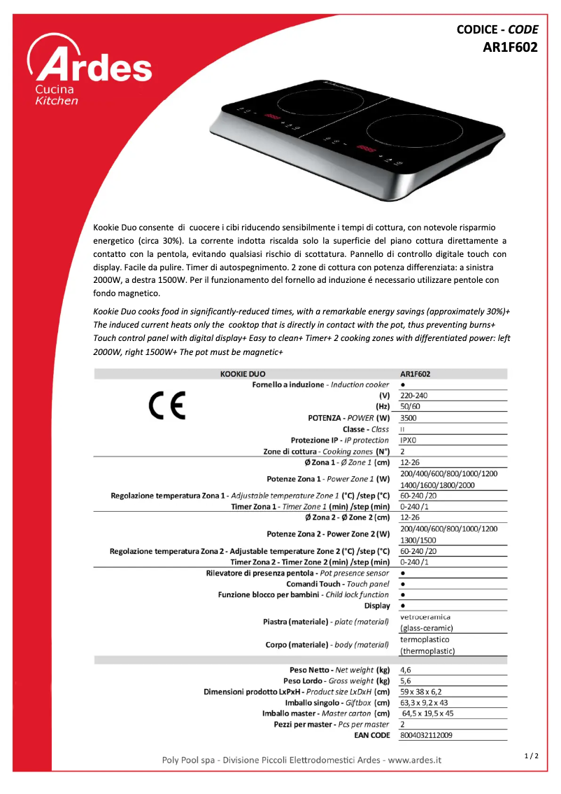 Page 1 de la notice Fiche technique Ardes AR1F602