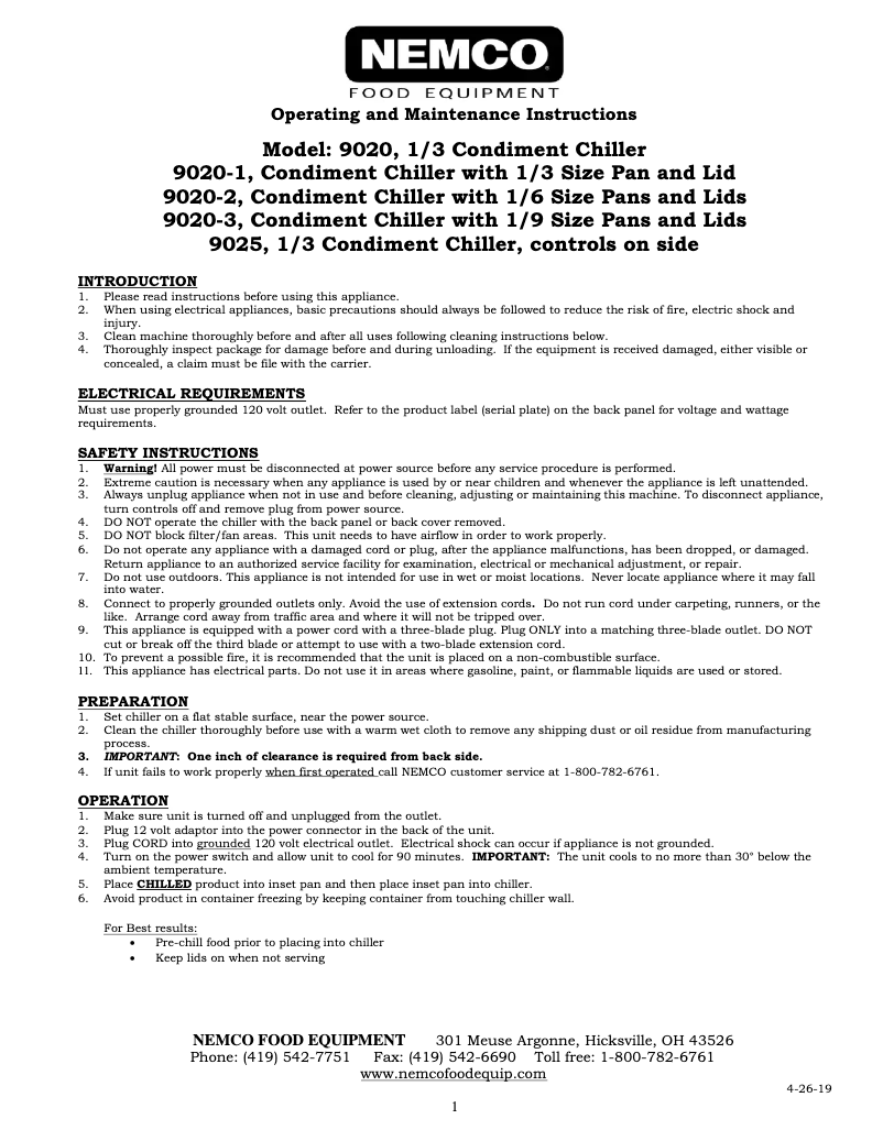 Page 1 de la notice Manuel utilisateur Nemco 9020