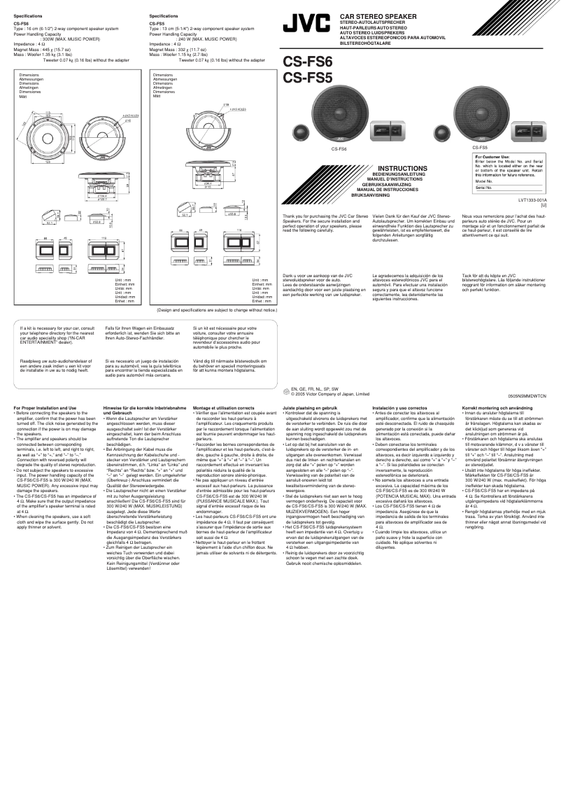Page 1 de la notice Manuel utilisateur JVC CS-FS5