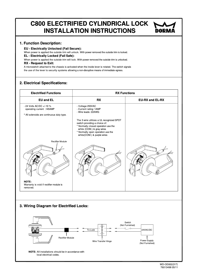 Page 1 de la notice Manuel utilisateur Dormakaba C800