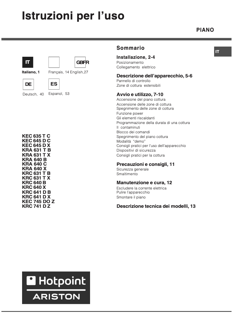 Page 1 de la notice Manuel utilisateur Hotpoint Ariston KEC 635 T C