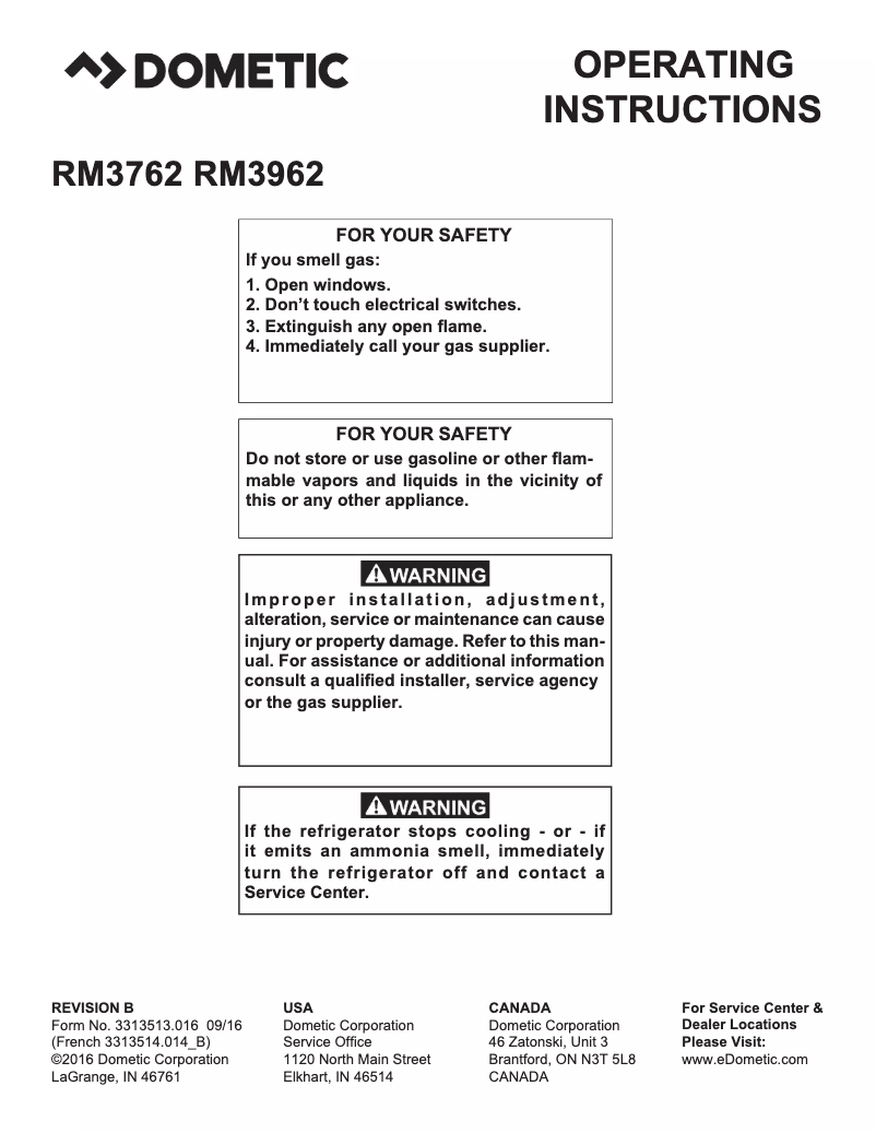 Page 1 de la notice Manuel utilisateur Dometic RM 3962SF