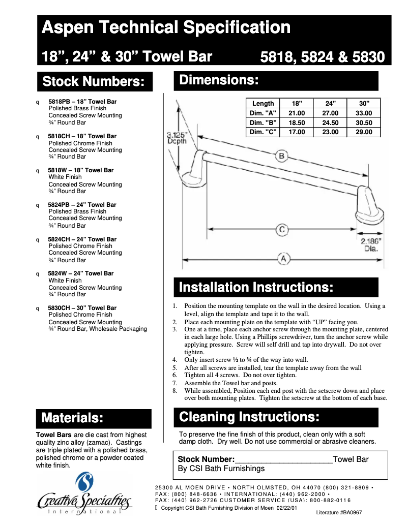 Page n°1 - Manuel utilisateur Moen Aspen 5818CH