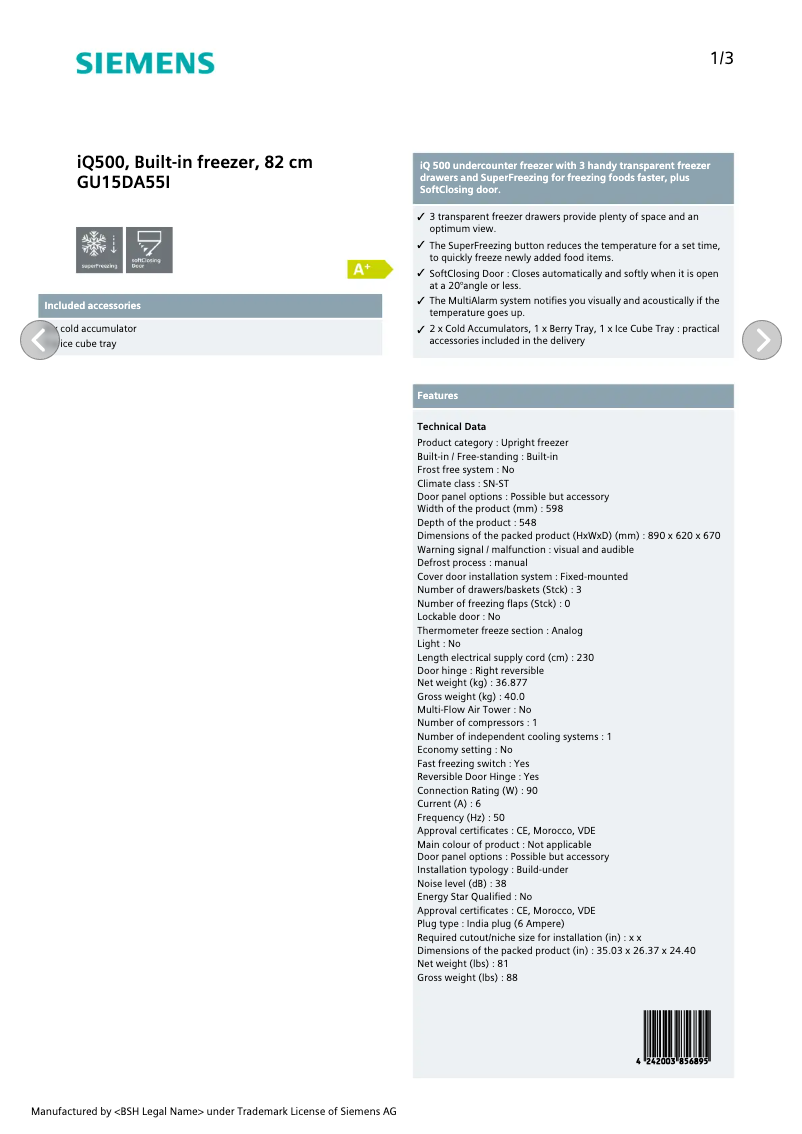 Page 1 de la notice Fiche technique Siemens GU15DA55I