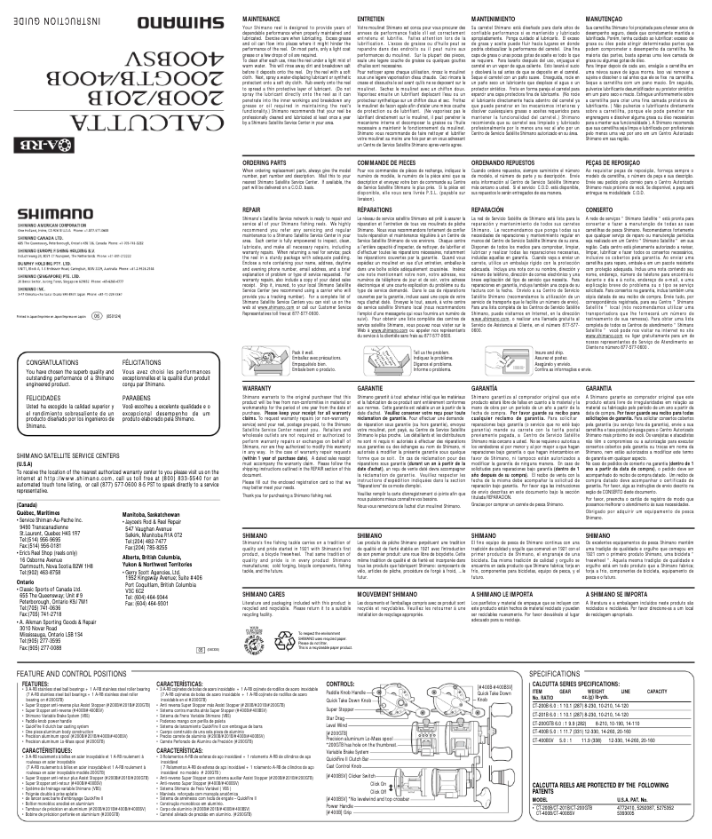 Page 1 de la notice Manuel utilisateur Shimano Calcutta 200GTB