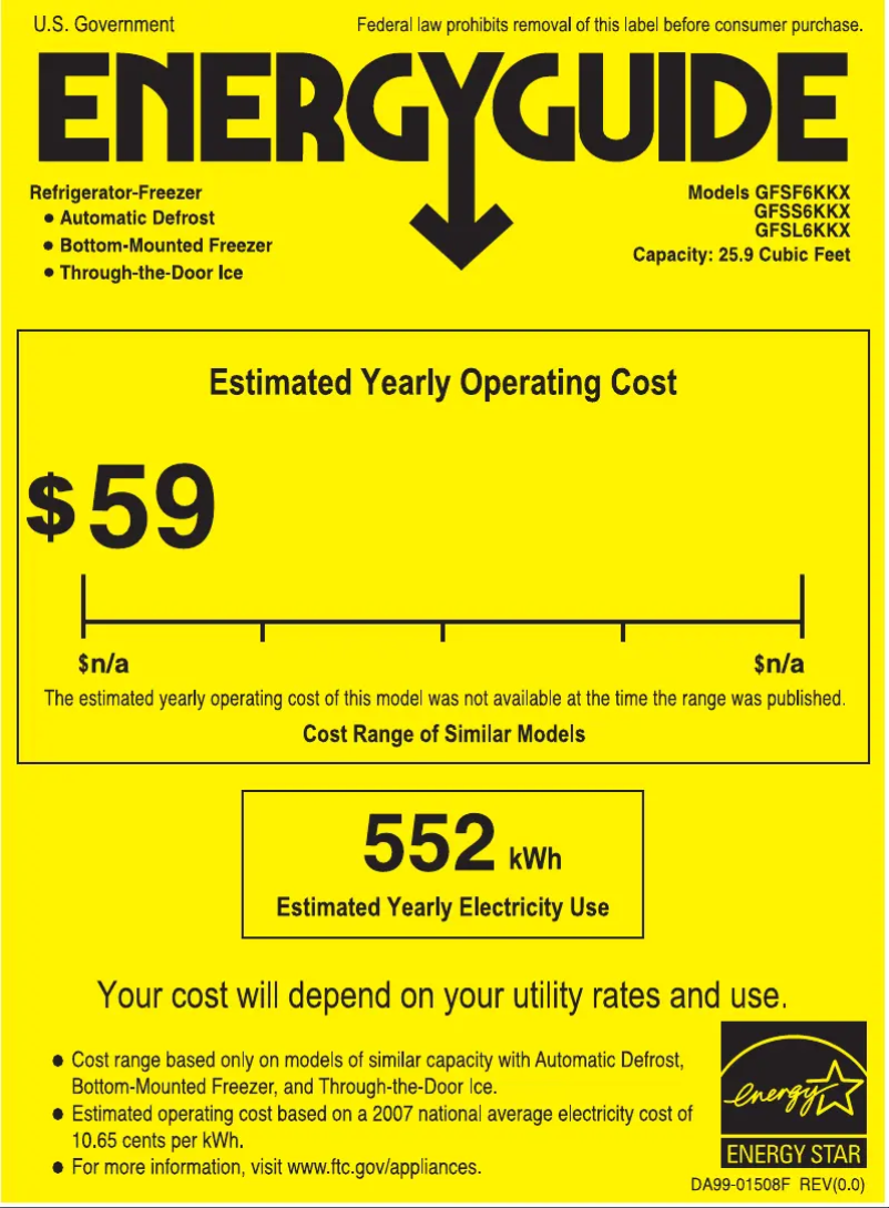 Page 1 de la notice Label énergétique GE GFSL6KKXLS
